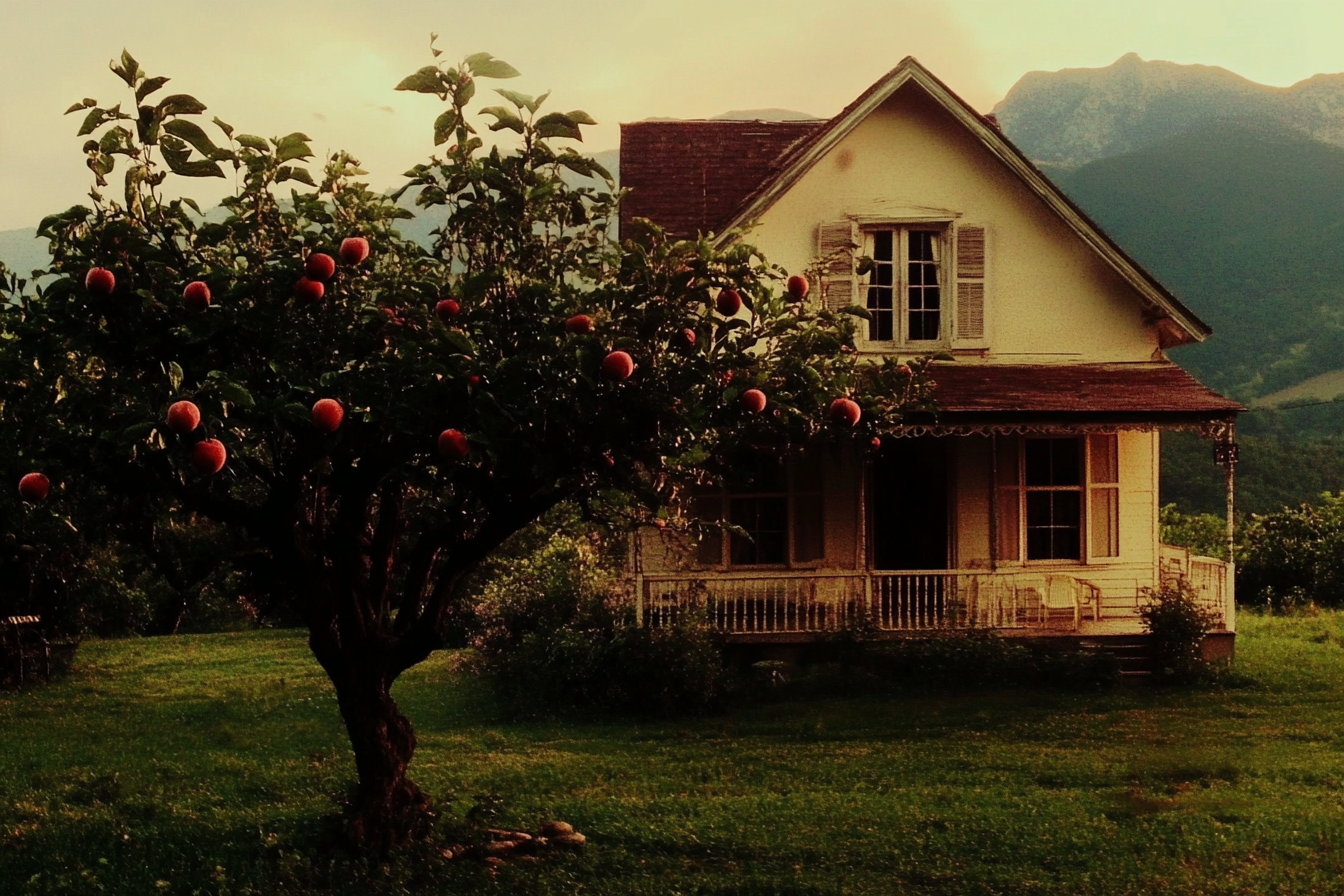 A picturesque house with a peach tree | Source: Midjourney