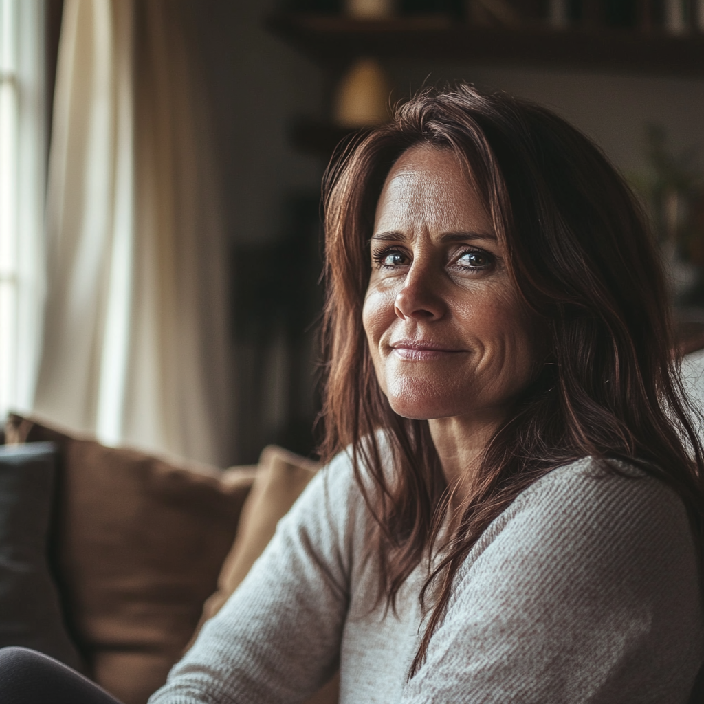 A woman smiles confidently while sitting in her living room | Source: Midjourney