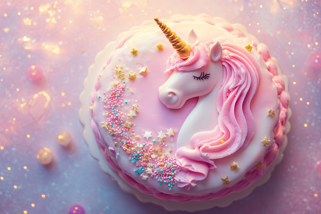 A cute pink unicorn-themed birthday cake | Source: Midjourney