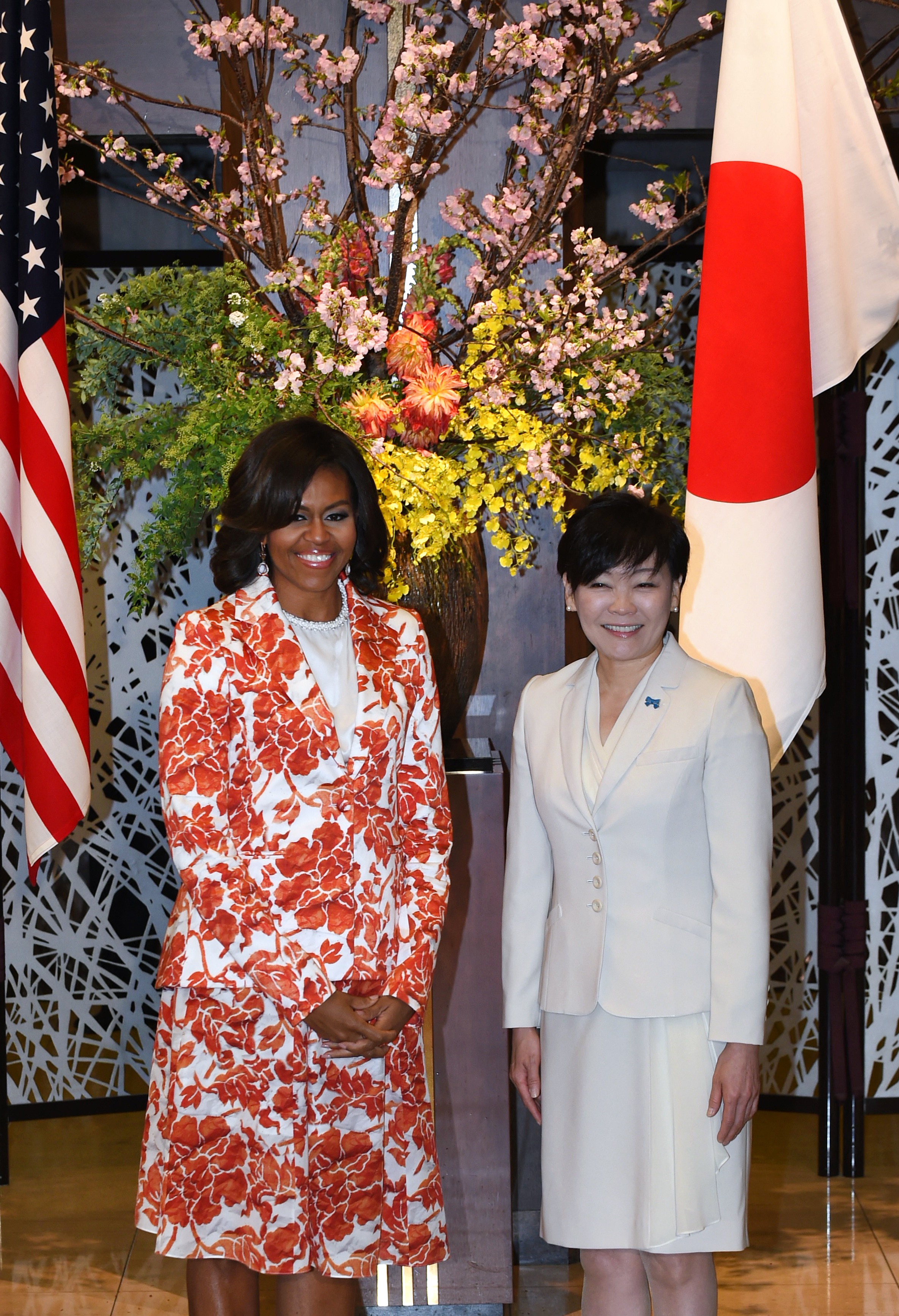 Michelle Obama and Akie Abe at the Japan-U.S. Joint Girls Education Event on March 19, 2015, in Tokyo. | Source: Getty Images