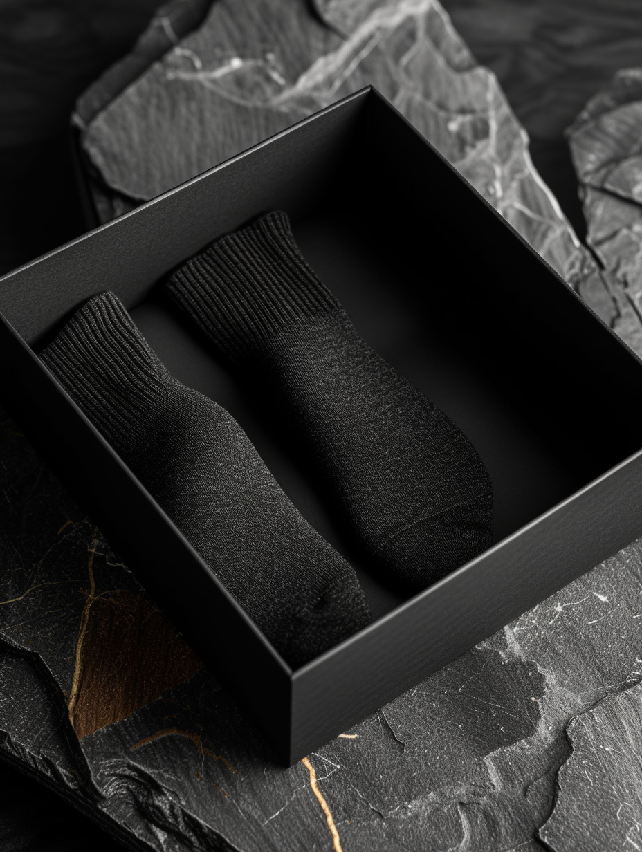 A pair of black socks in a box | Source: Midjourney