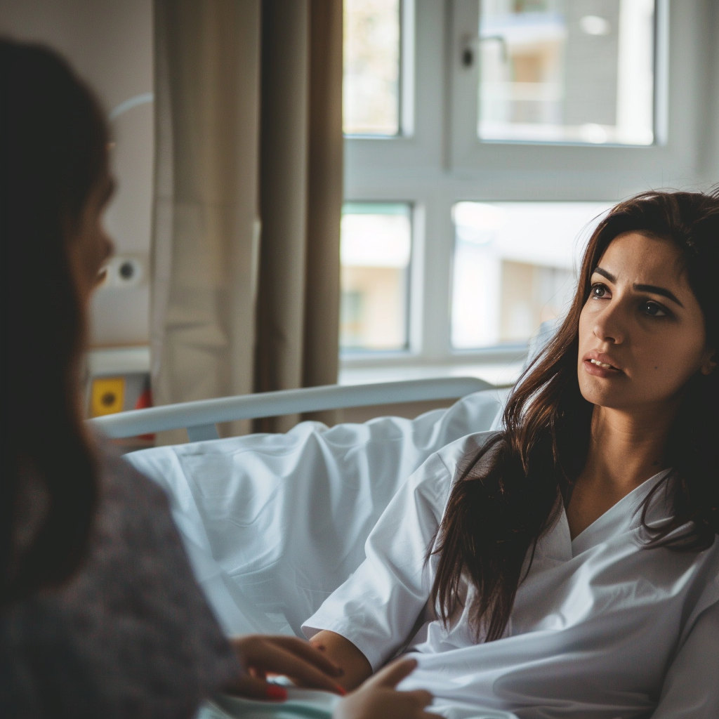 Sarah talking to the hospital nurse | Source: Midjourney