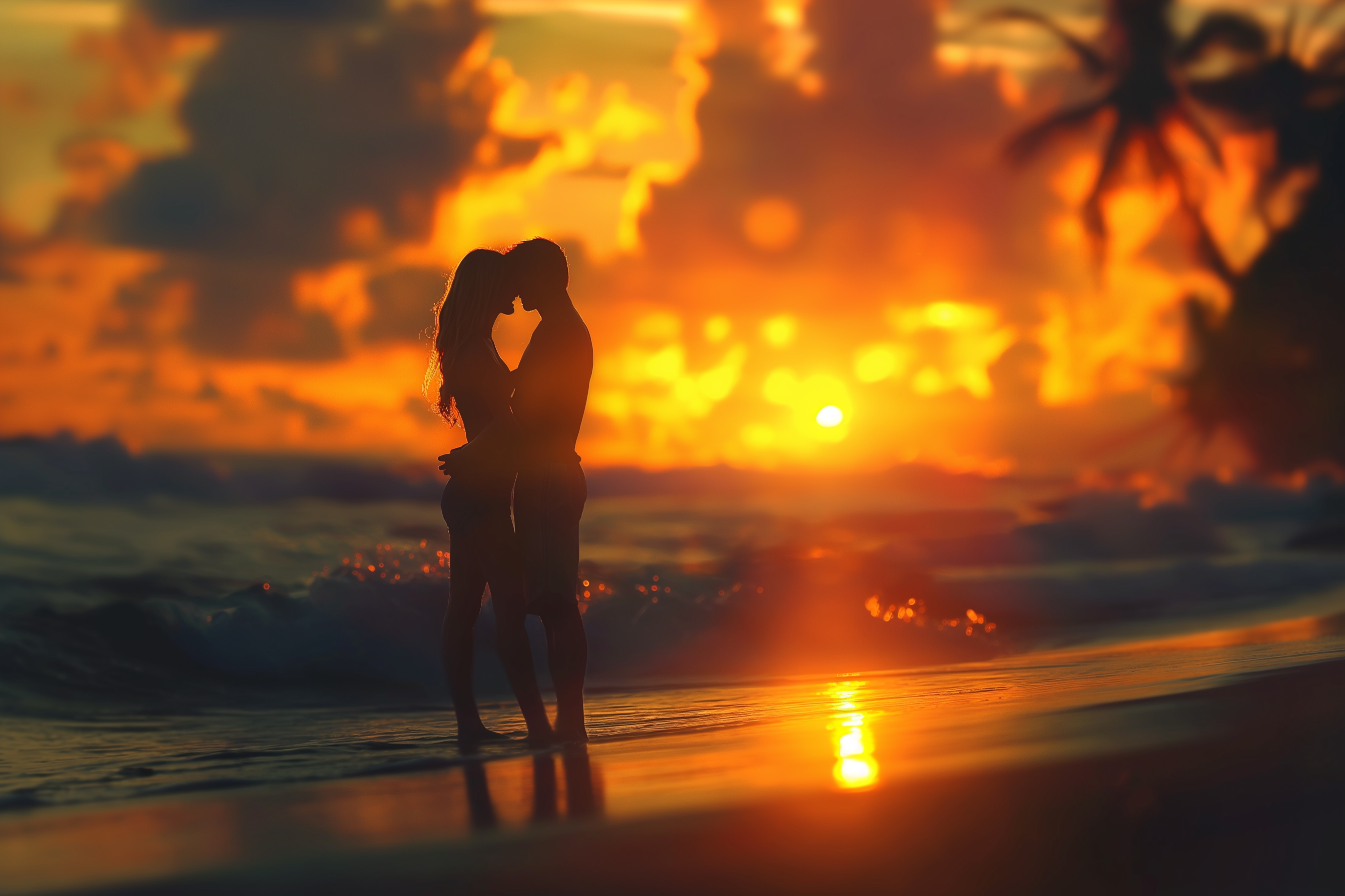 A couple hugging on the beach at sunset | Source: Midjourney