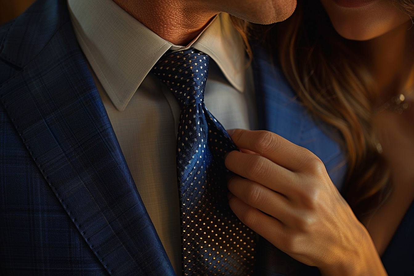 A woman's hand on her husband's tie | Source: Midjourney