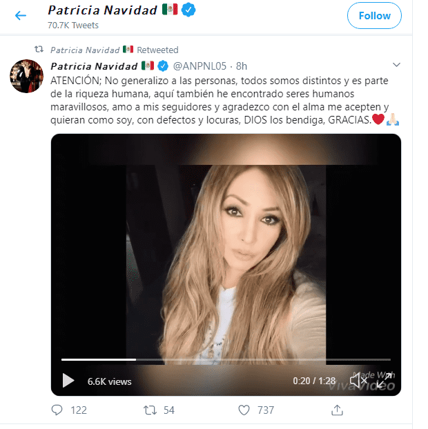 Captura de pantalla del video de Patty Navidad, en el que responde a sus fans. | Foto: Twitter / @ANPNL05