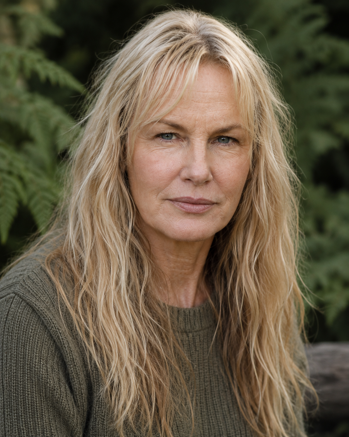 A natural outdoor portrait envisions Daryl Hannah in a casual knit sweater with loose blonde hair. | Source: ChatGPT