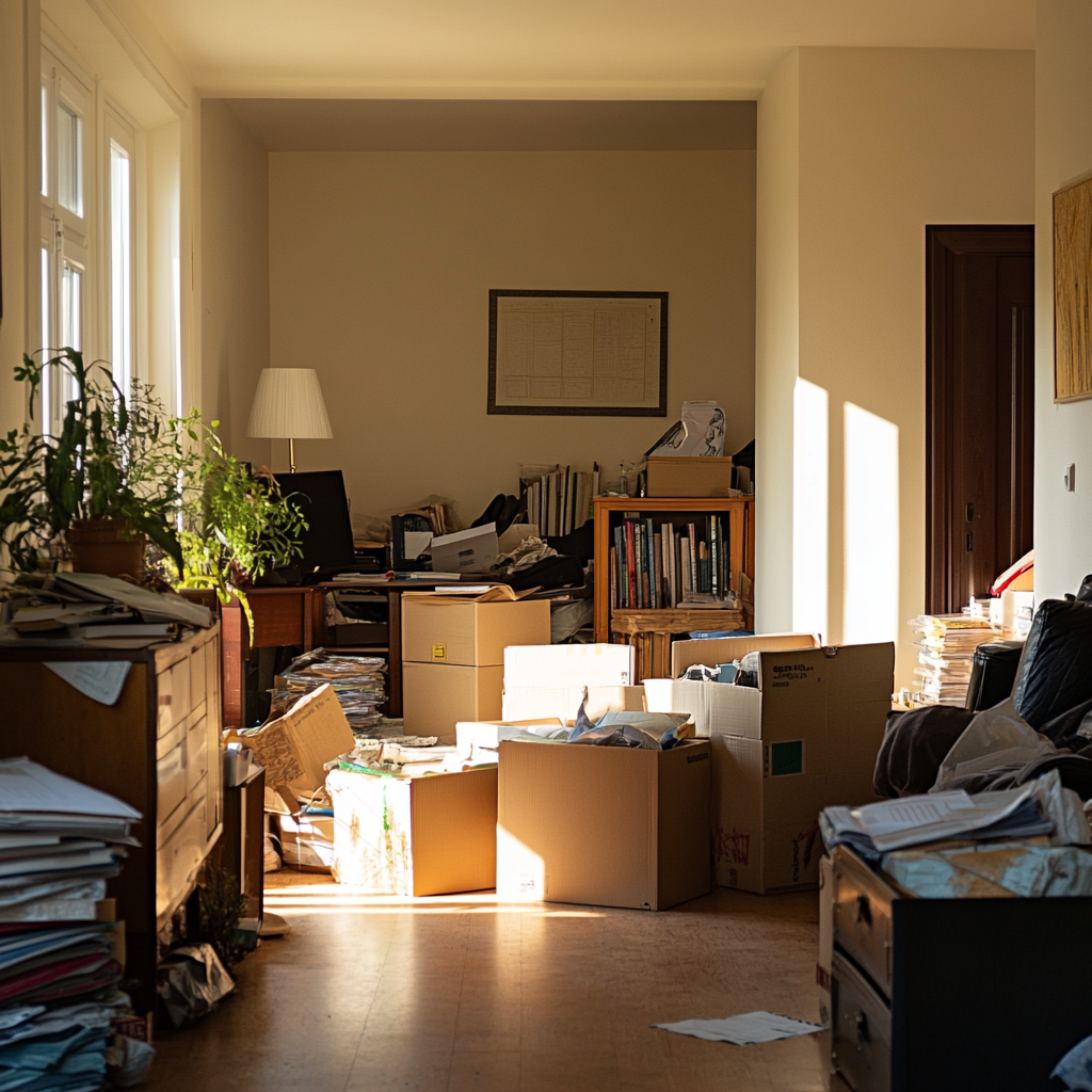 Boxes of junk clutering the living room | Source: Midjourney