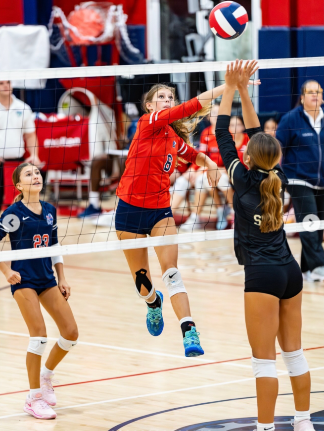 Vivian Brady is captured as she leaps near the net and raises her hands, as seen from a post dated December 5, 2025. | Source: Instagram/tombrady