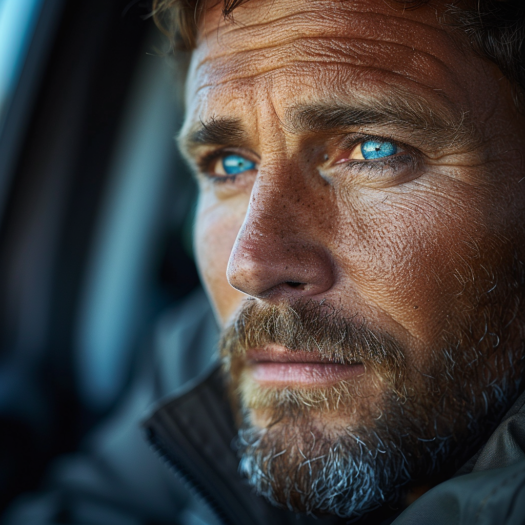 Nervous blue-eyed man in his car | Source: Midjourney