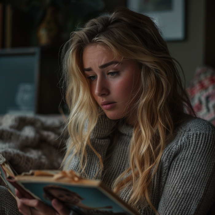 A woman feeling sad while looking at an old photo album | Source: Midjourney