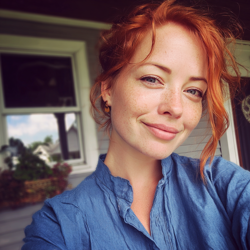 A smiling woman standing on a porch | Source: Midjourney