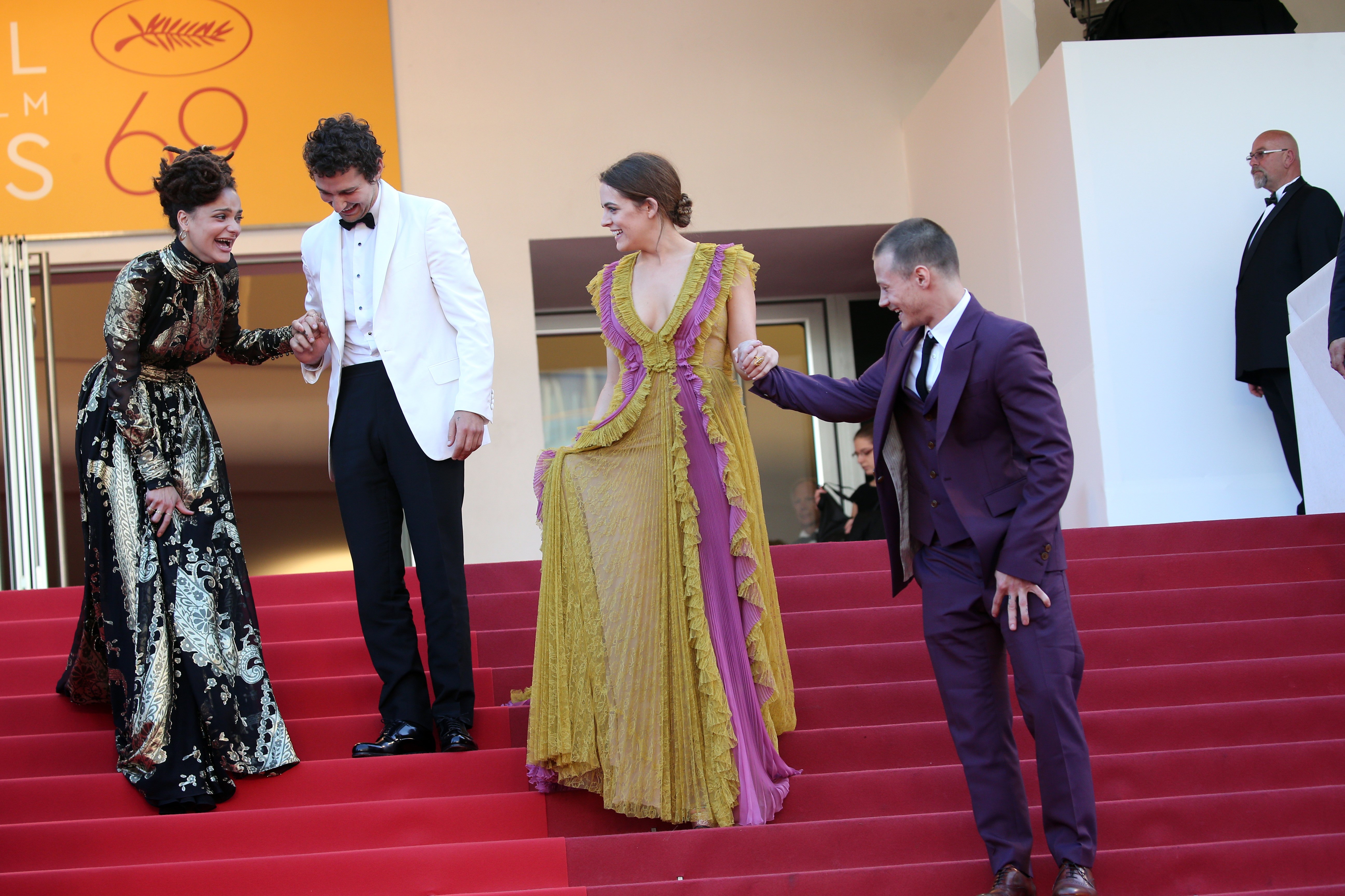 Sasha Lane, Shia LaBeouf, Riley Keough and McCaul Lombardi leave the "American Honey" premiere during the 69th annual Cannes Film Festival at the Palais des Festivals, on May 15, 2016, in Cannes, France. | Source: Getty Images