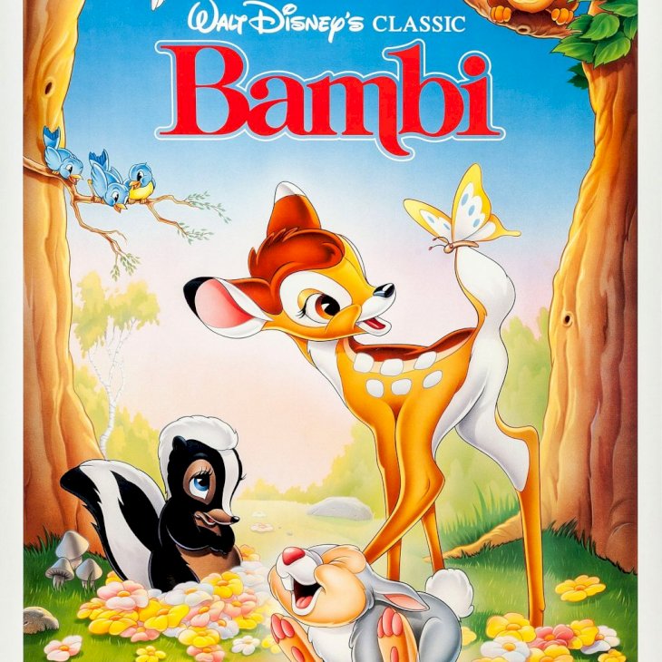 Bambi, poster, top: Friend Owl, bottom l-r: Flower, , Thumper on poster art, 1942. (Photo by LMPC via Getty Images)