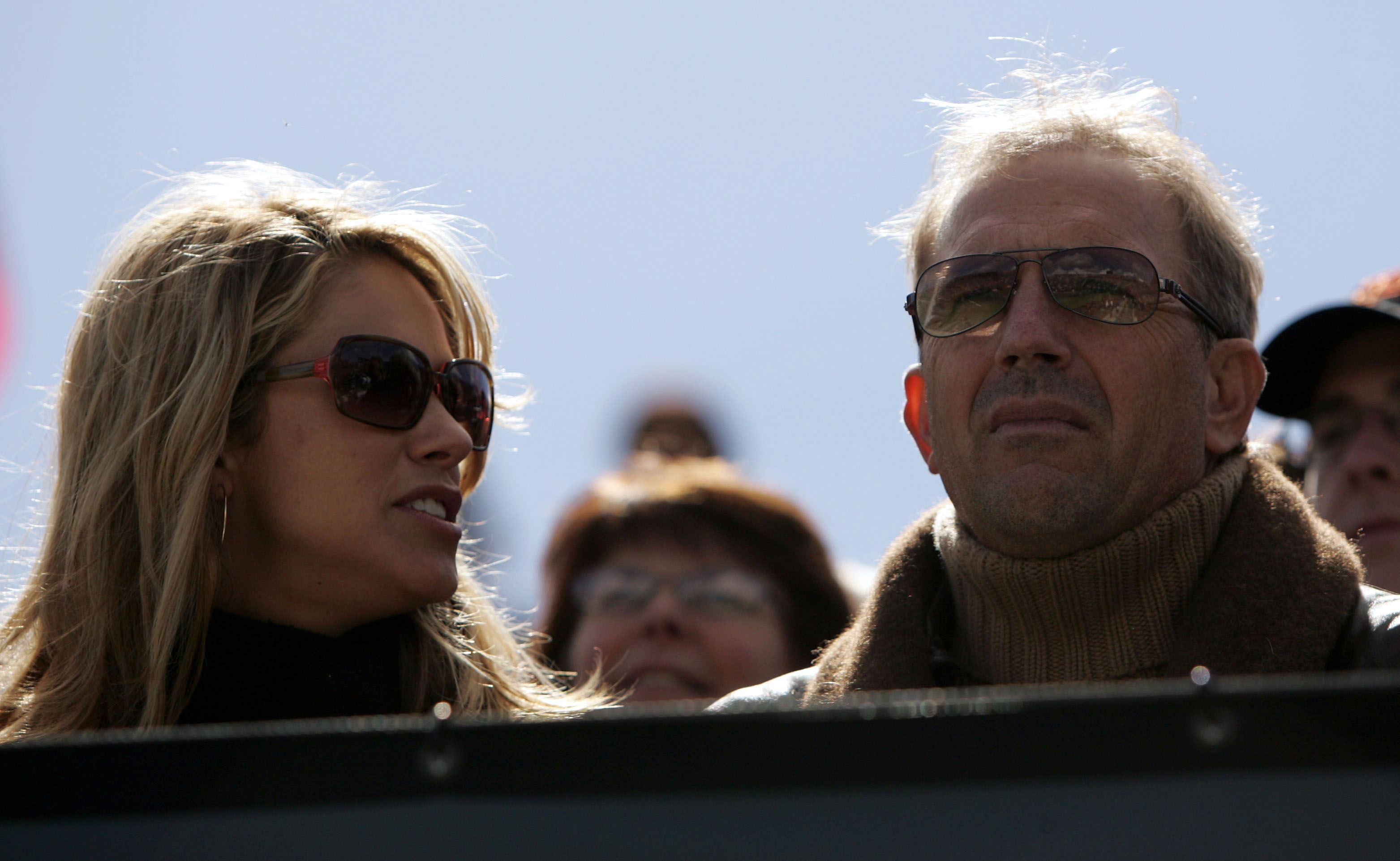 Kevin Costner and his wife, Christine at the Davis Cup World Group first round match between Andre Agassi of the USA and Ivan Ljubicic of Croatia in 2005 | Source: Getty Images