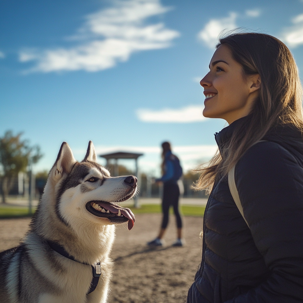 A woman and her dog at a dog park | Source: Midjourney