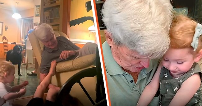 The elderly man playing with his great-grandkids [Left]. Little Mera bonding with her "pawpaw" [Right]. | Photo: YouTube.com/Good Morning America