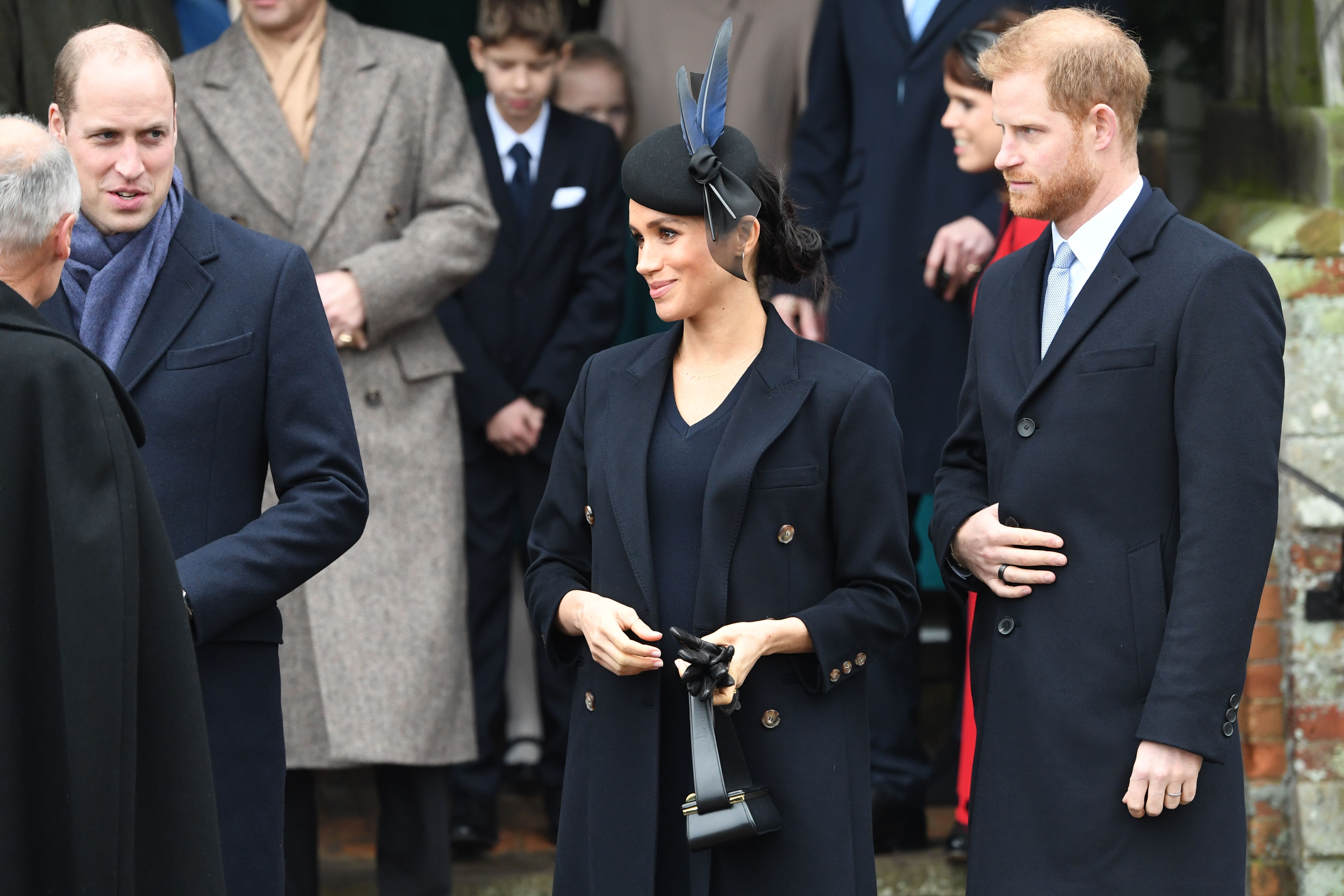 Prince William, Meghan Markle and Prince Harry pictured leaving after the Royal Family's traditional Christmas Day service at St Mary Magdalene Church in Sandringham on December 25, 2018 in Norfolk, England. / Source: Getty Images