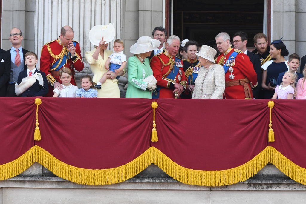 Prince William, Kate Middleton, Prince Louis, Prince George, Princess Charlotte, Camilla, Duchess of Cornwall, Prince Charles, Princess Anne, Queen Elizabeth, Prince Andrew, Prince Harry, Meghan Markle, stand on the balcony of Buckingham Palace for Trooping the Colour, on June 08, 2019, in London, England | Source: Getty Images (Photo by Anwar Hussein/WireImage)