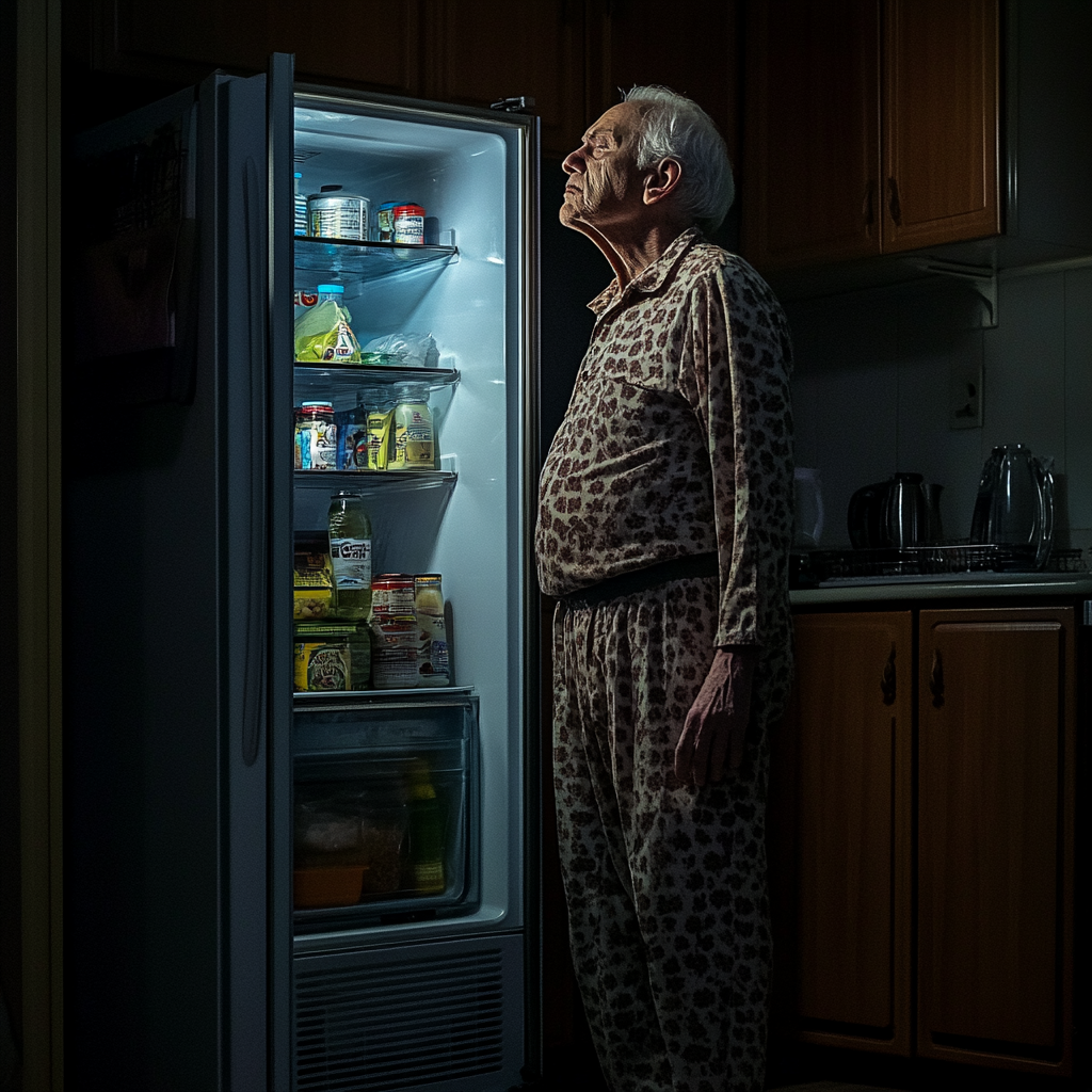 An elderly man standing in front of a fridge | Source: Midjourney