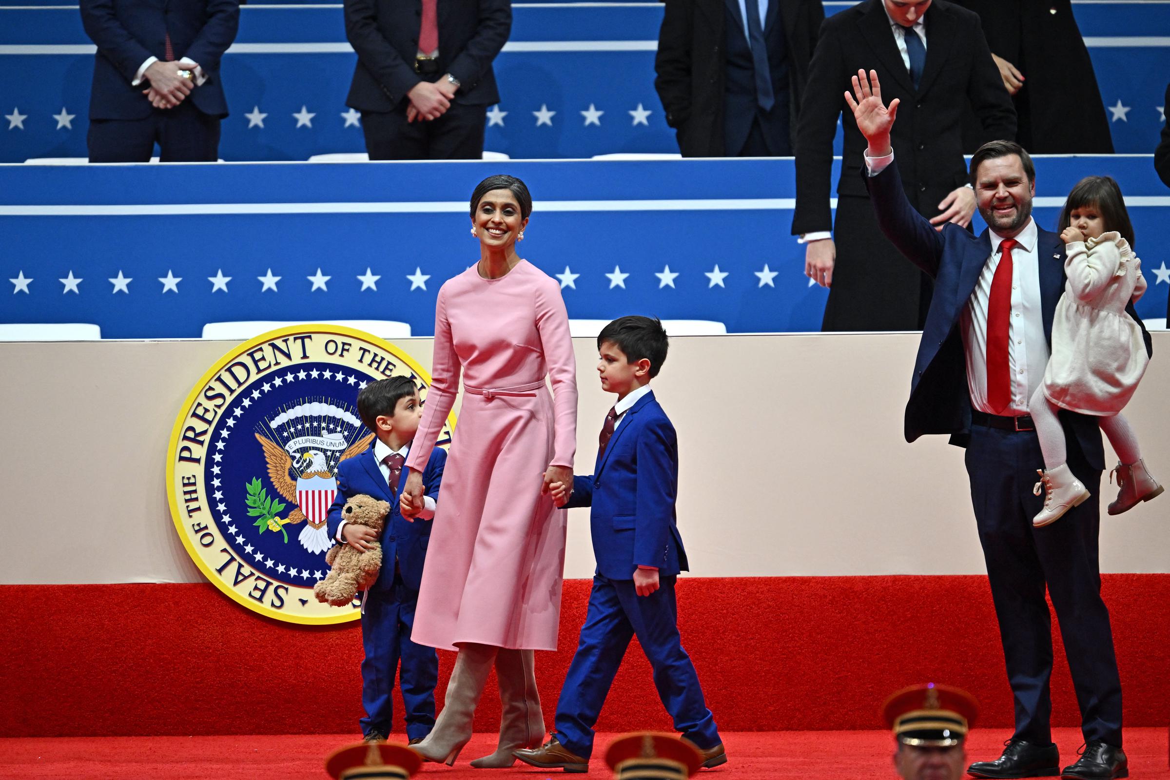 U.S. Vice President, J.D. Vance, Usha Vance, and their three children walk on stage at the Capital One Arena in Washington, D.C., on January 20, 2025 | Source: Getty Images