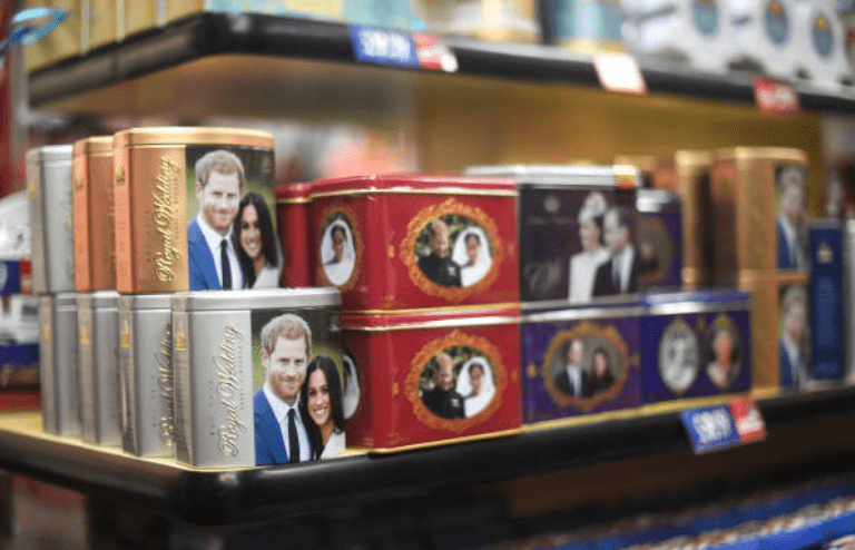 Merchandise in for the royal family featuring Prince Harry Meghan Markle on sale in a store, on January 14, 2020, in London, England | Source: Peter Summers/Getty Images