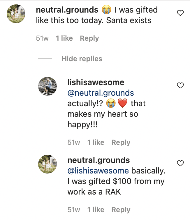 A user commented on Elisha Tennant's Instagram post about receiving an anonymous gift from Secret Santa. | Photo: instagram.com/lishisawesome/