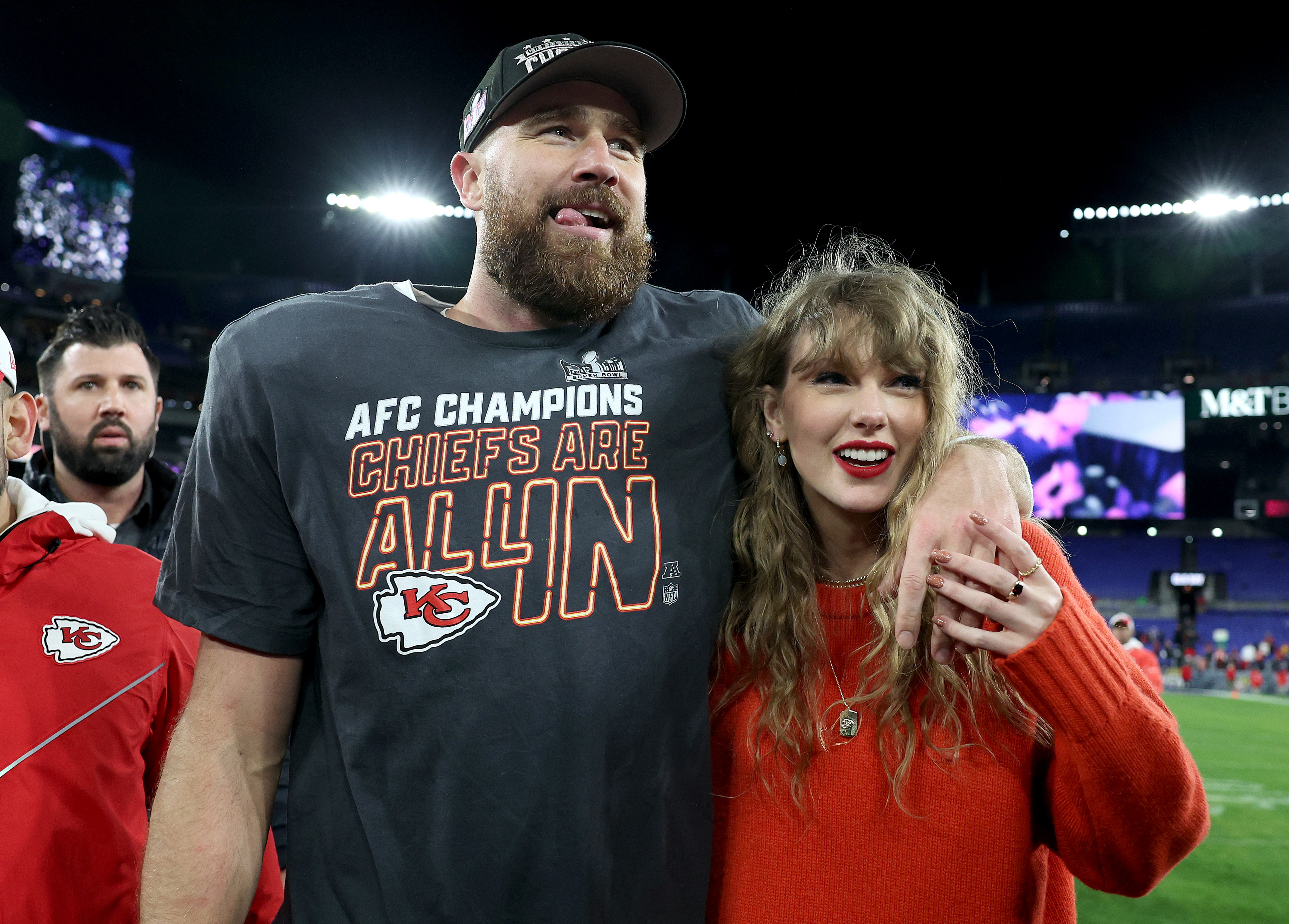 Travis Kelce and Taylor Swift celebrating his team's victory in the AFC Championship Game on January 28, 2024, in Baltimore, Maryland. | Source: Getty Images