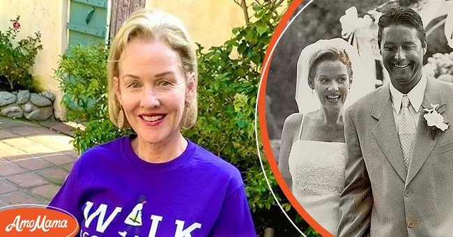 Penelope Ann Miller posed for a picture on Instagram, 2021 [Left] Miller and her husband James Huggins on their wedding day, 2000 [Right]. | Photo: Instagram/penelopeannmiller