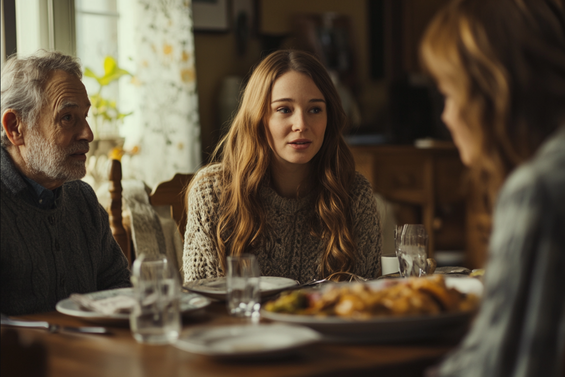 A woman speaking to her parents over dinner | Source: Midjourney