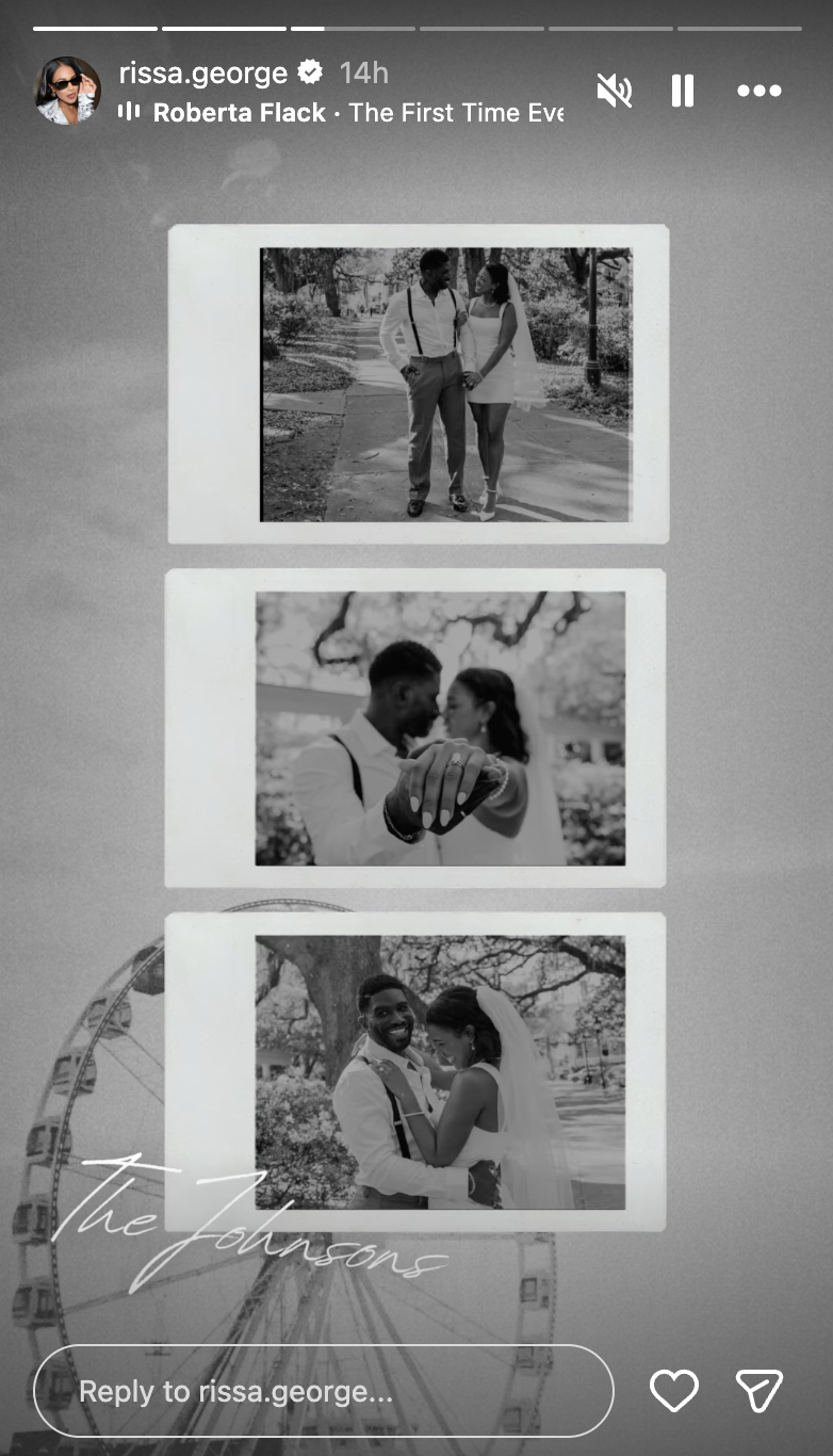 Marissa George shared a black-and-white wedding montage on her Instagram Story featuring intimate Polaroid-style snapshots from her Savannah elopement with husband D. Johnson. | Source: Instagram Story/rissa.george