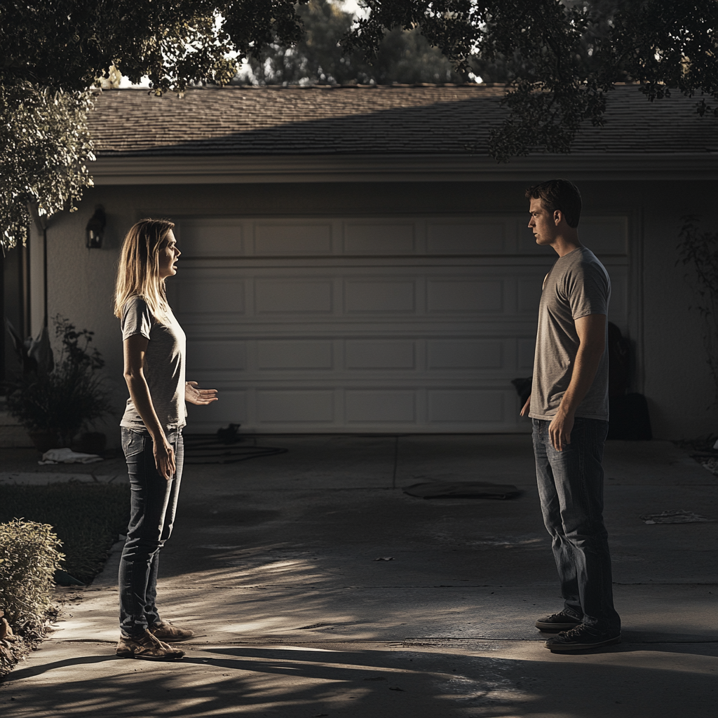 Lily and Mike arguing in front of their garage | Source: Midjourney