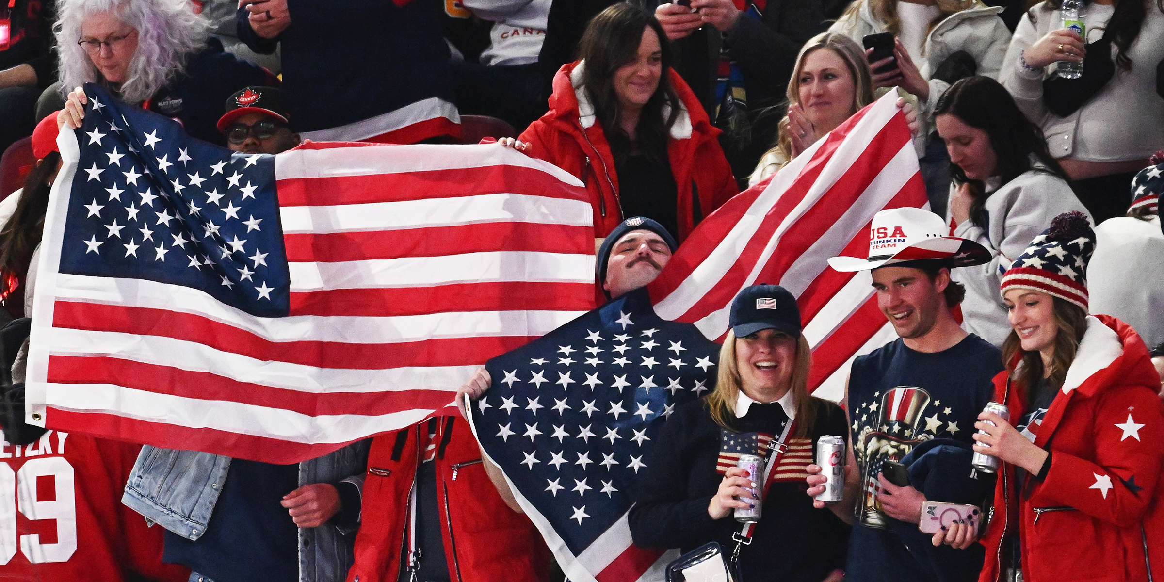 Fans celebrate a Team USA win against Team Canada in the 4 Nations Face-Off game | Source: Getty Images