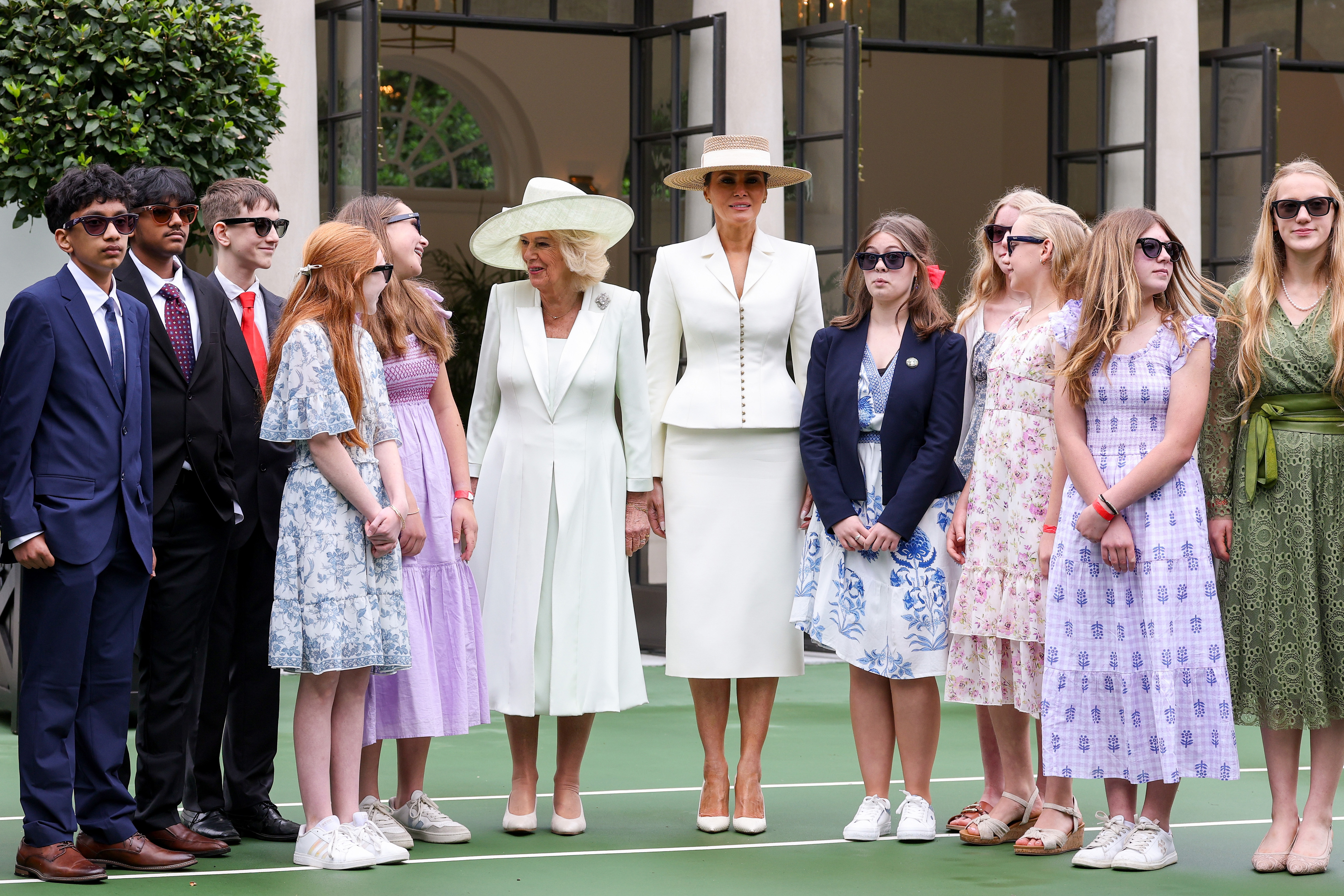 Queen Camilla and first lady Melania Trump pose for photos as they attend a cross-cultural educational event on the White House Tennis Pavilion at the White House on 28 April 2026 in Washington, DC. | Source: Getty Images