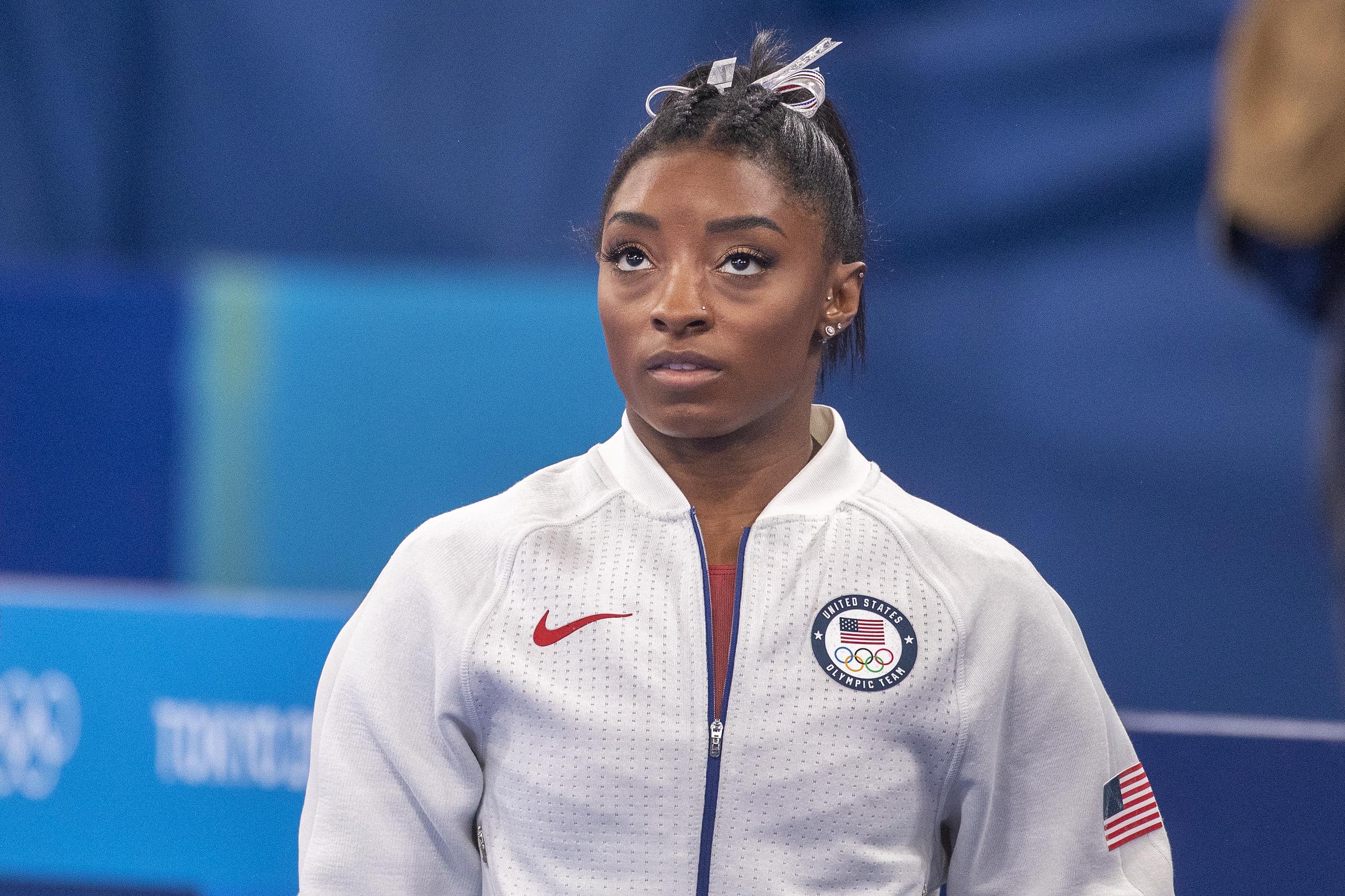 Simone Biles after pulling out of competition during the Team final for Women during the Tokyo 2020 Summer Olympic Games in Tokyo, Japan, on July 27, 2021. | Source: Getty Images