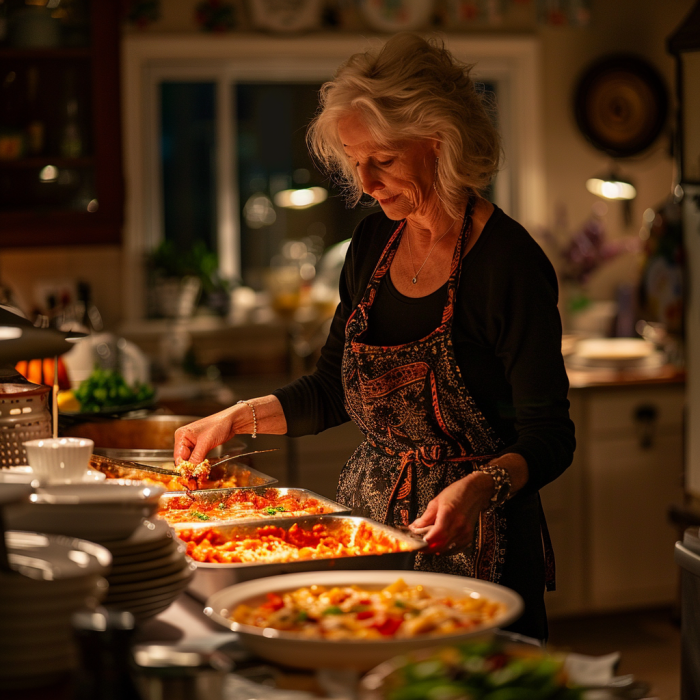 A middle-aged woman preparing dinner in the kitchen | Source: Midjourney