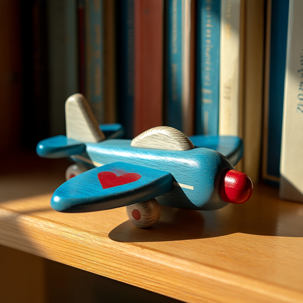 A wooden toy airplane sitting on a bookshelf | Source: Midjourney