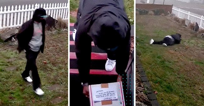 Several thieves try to steal a man's package on his porch. | Source:  youtube.com/OriginalJediWatching