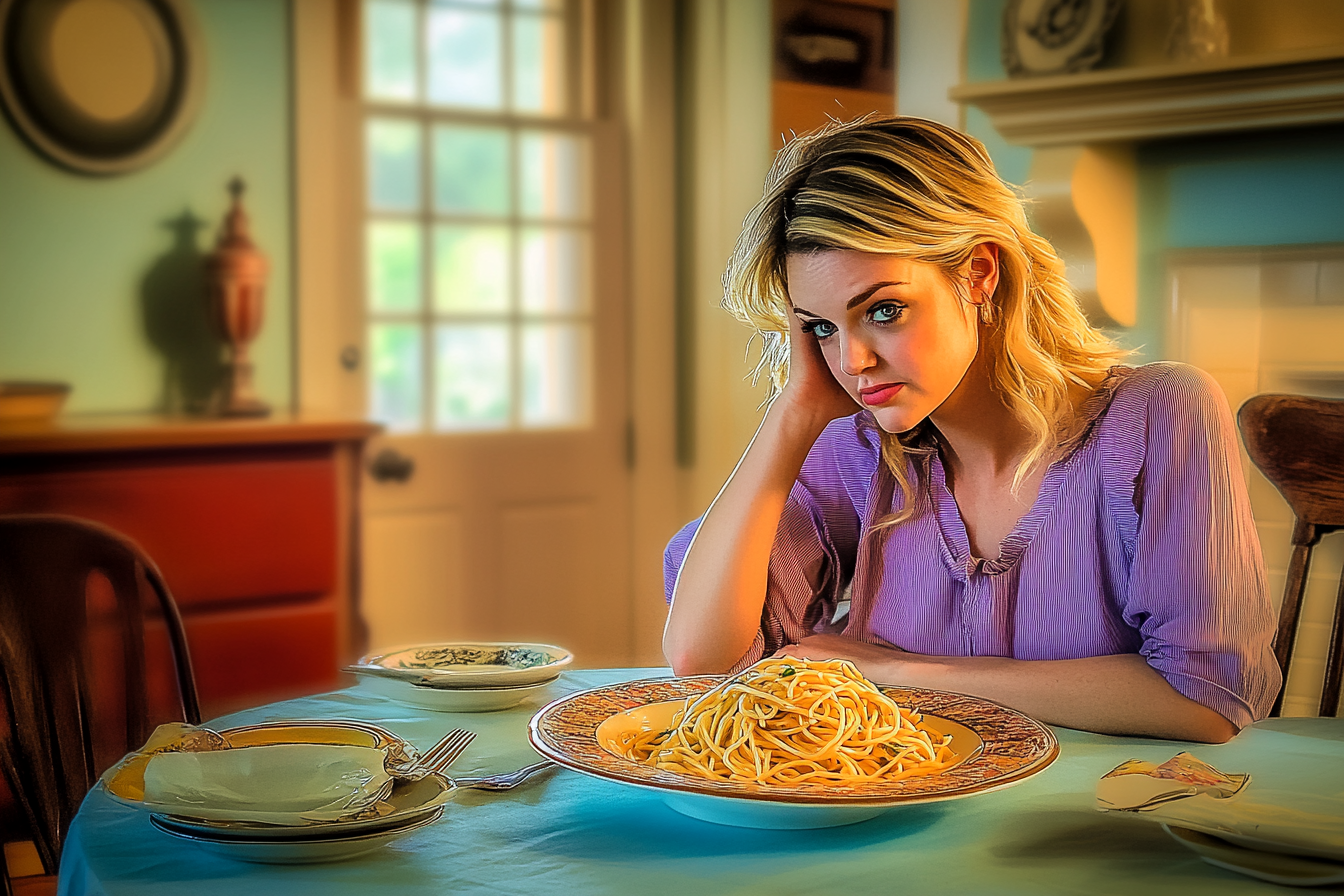 A woman looking worried on a dinner table | Source: Midjourney