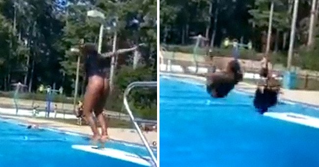 A woman diving into the pool with her wig falling off. | Photo: twitter/HldMyBeer