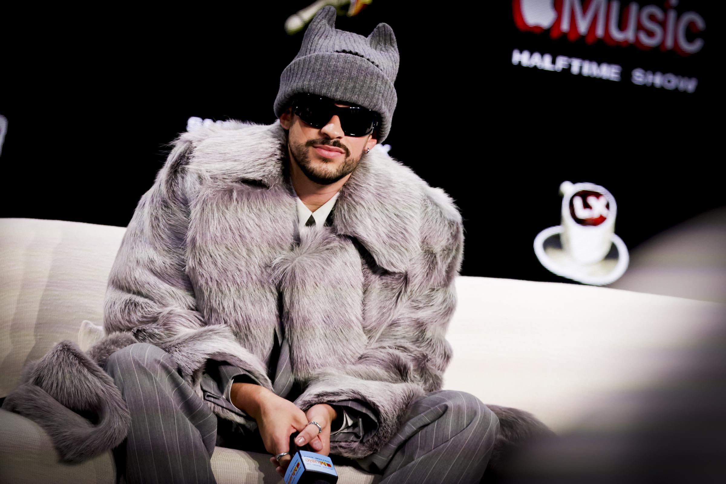Bad Bunny takes questions during a press conference at the Mascone Center during Super Bowl week in San Francisco on February 5, 2026 | Source: Getty Images