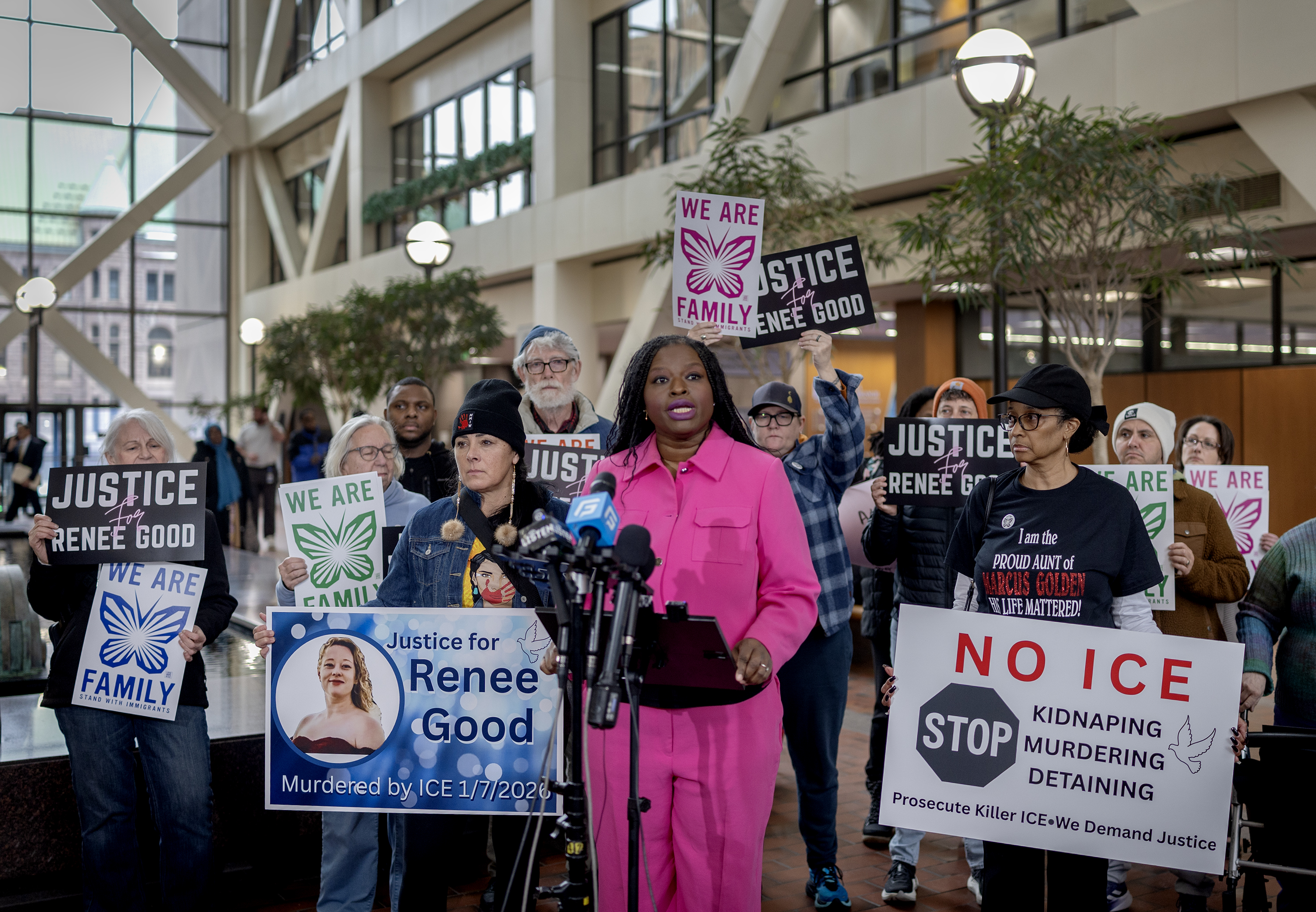 Community leaders speak during a press conference in the lobby of the Hennepin County Government Center in Minneapolis on January 8, 2026 | Source: Getty Images