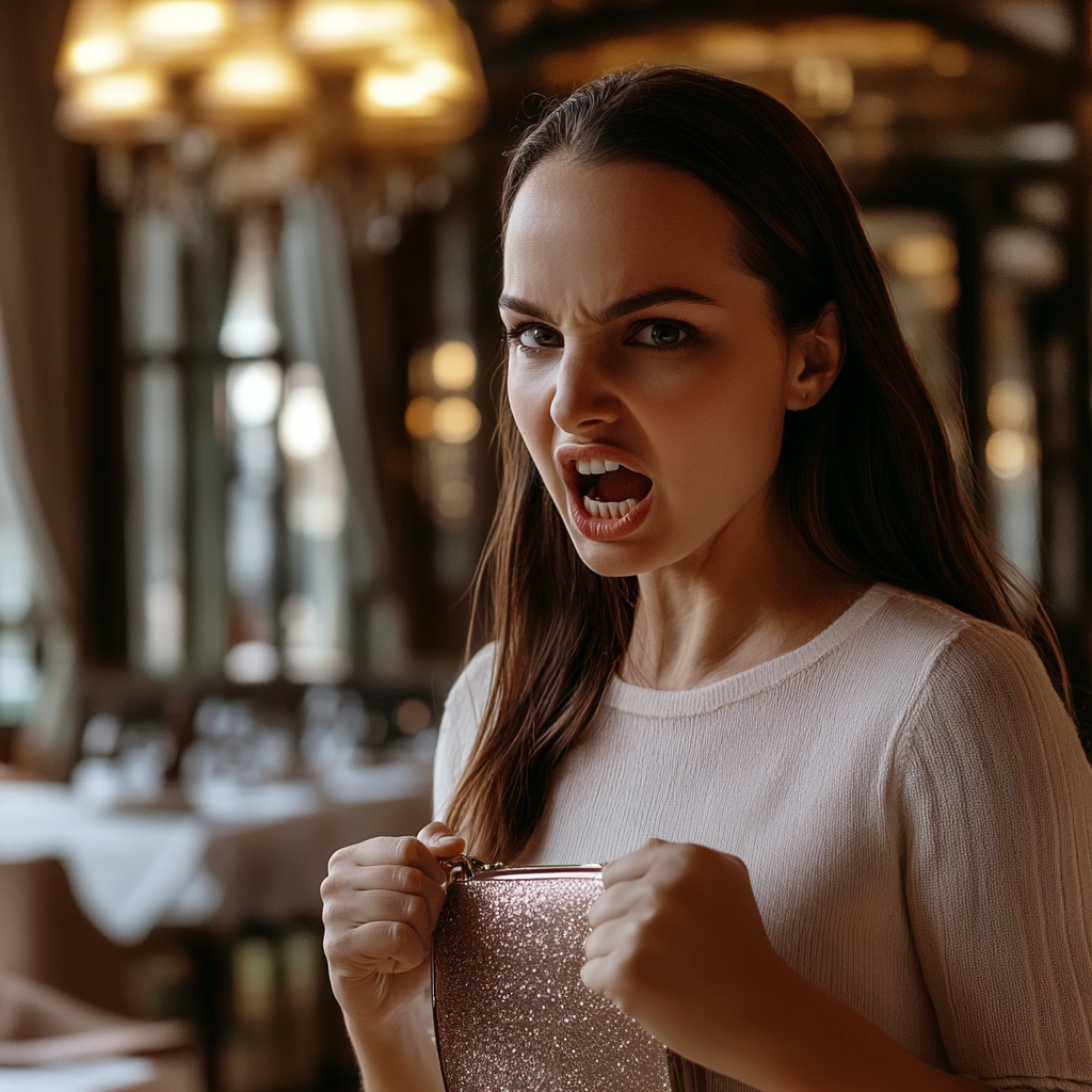 A furious woman holding a shimmery purse | Source: Midjourney