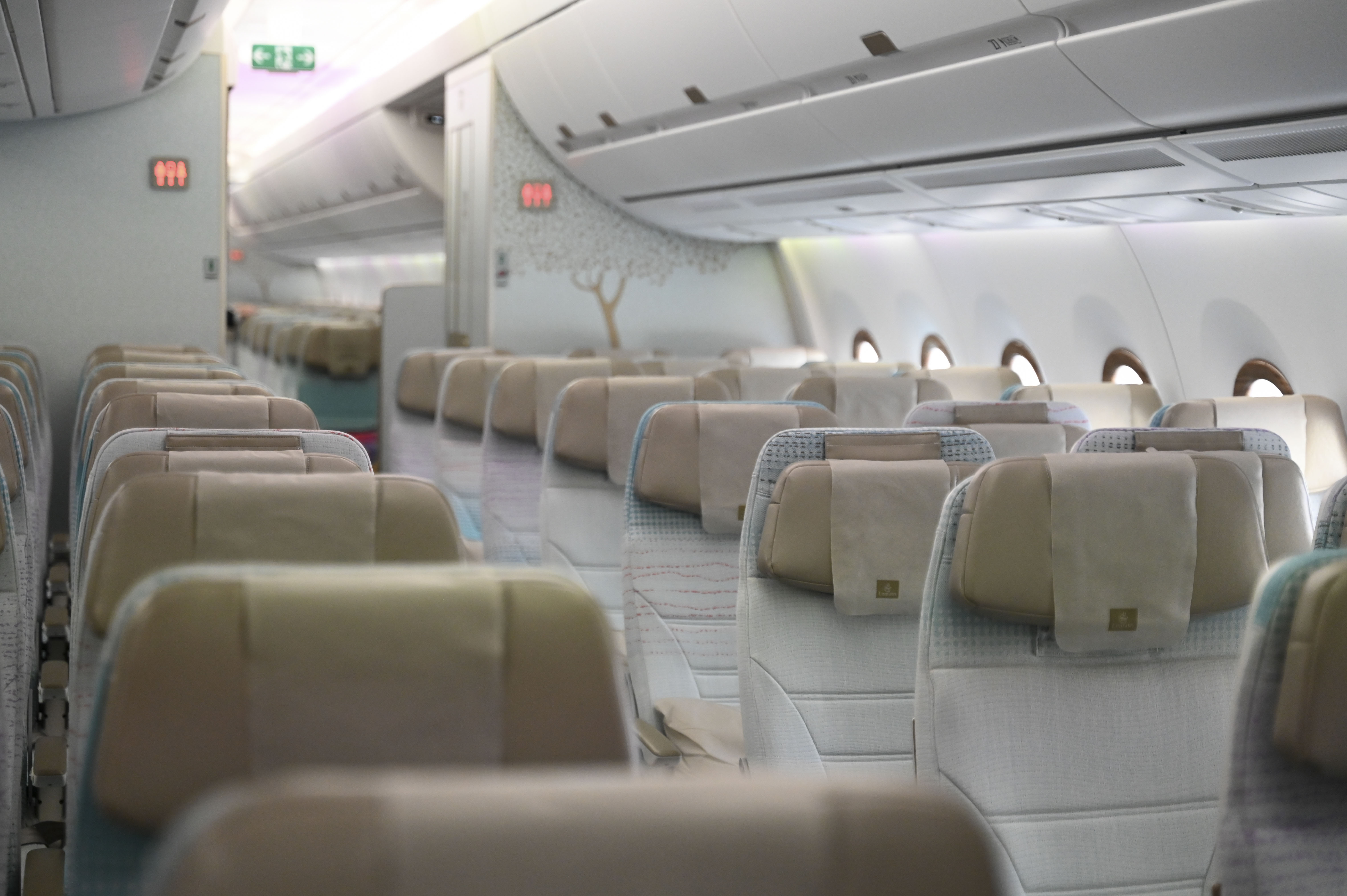 View into the seating area of an Airbus 350-900 on November 18, 2025 in United Arab Emirates, Dubai | Source: Getty Images