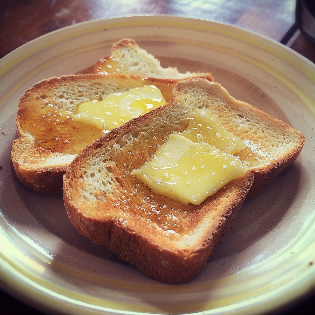 Buttered toast on a plate | Source: Midjourney