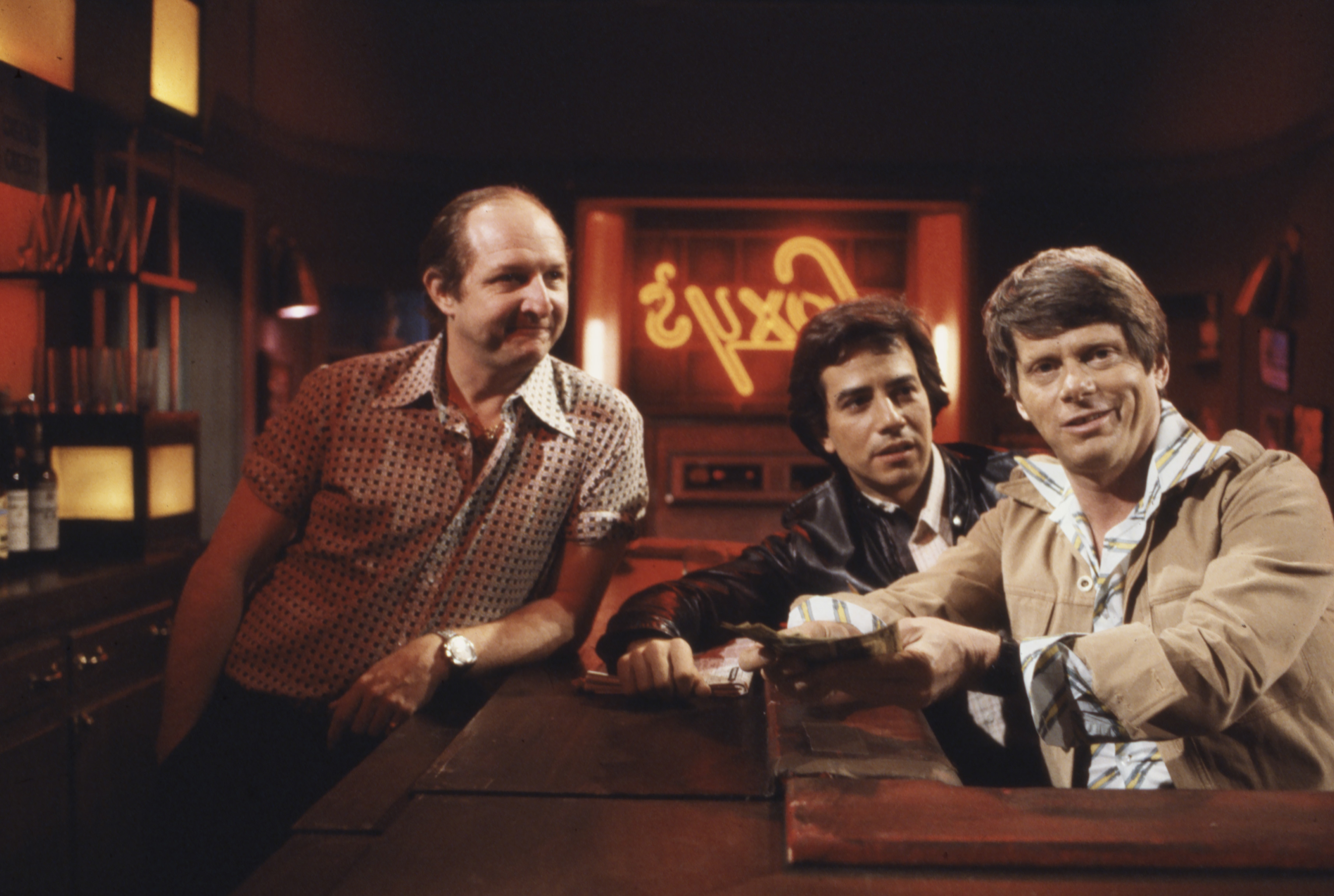 Paul Avery with fellow actors, Vasili Bogazianos and Robert Morse, was photographed during an episode of 'All My Children' in 1981 | Source: Getty Images