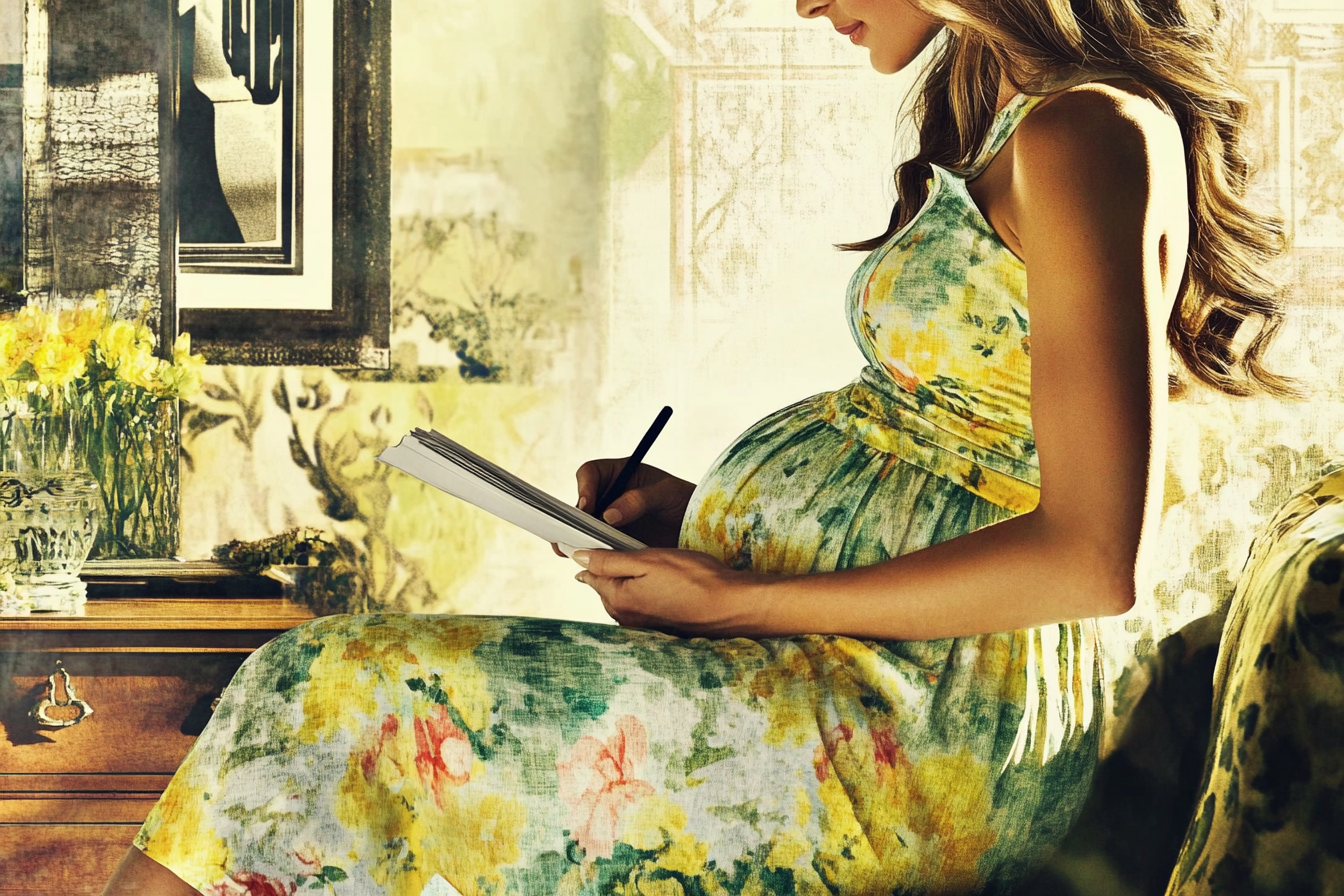 A pregnant woman sitting on the couch and writing | Source: Midjourney