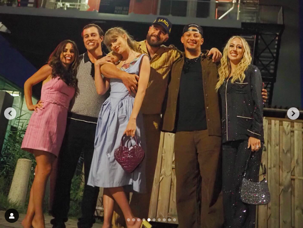 Miranda and Summitt Hogue, Taylor Swift, Travis Kelce, and Patrick and Brittany Mahomes posing for a picture, posted on July 16, 2024 | Source: Instagram/summitthogue