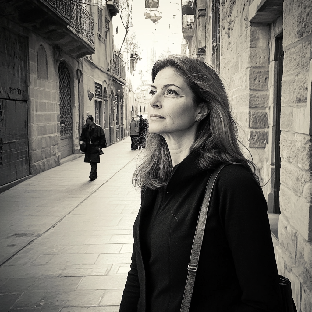 A woman walking in a street | Source: Midjourney