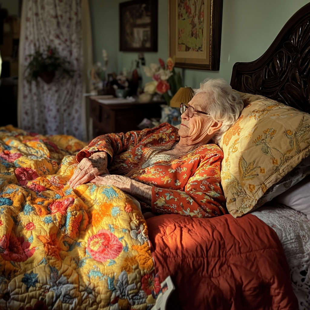 Wealthy senior woman relaxing in her bedroom | Source: Midjourney