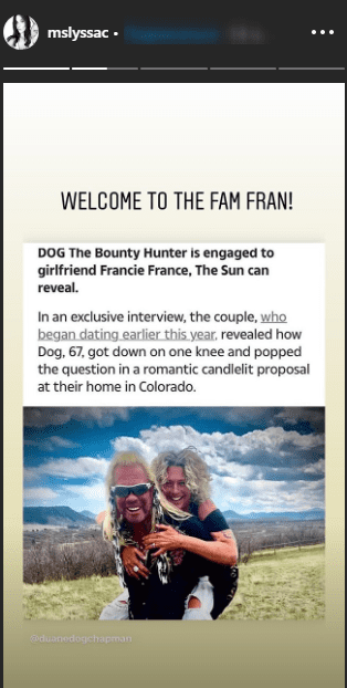 Lyssa Chapman congratulates her father Duane Chapman and his girlfriend Francie Frane on their engagement. | Source: InstagramStories/mslyssac.